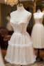 Champagne Lace Short Prom Dress, Spaghetti Straps Party Dress with Pearl