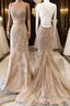 Champagne Mermaid Backless Lace Appliques Long Prom Dress, Champagne Lace Formal Dress, Champagne Graduation Evening Dress