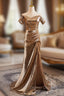 Champagne Mermaid Sequins Pleats Off the Shoulder Prom Dress