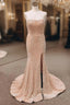 Champagne Mermaid Sequins Strapless Split Prom Dress