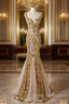 Champagne Mermaid Sequins Straps Evening Dress, Champagne Sequins Prom Dress