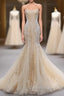 Champagne Mermaid Sequins Tulle Strapless Appliques Prom Dress