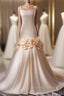 Champagne Mermaid Spaghetti Straps Pearls Flower Wedding Dress