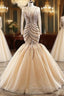 Champagne Mermaid Tulle Beading Long Sleeve Prom Dress