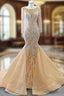 Champagne Mermaid Tulle Long Sleeve Pearls Prom Dress