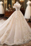 Champagne Off Shoulder Tulle Lace Long Wedding Dress, Wedding Gown Prom Dress