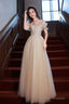 Champagne Off The Shoulder Lace Long Prom Dress, A-Line Evening Party Dress