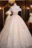 Champagne Pink Tulle Sequins Appliques Princess Quinceanera Dress