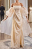 Champagne Puff Sleeve Pleats Prom Dress