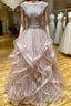 Champagne round neck tulle lace long prom Dress evening Dress