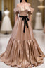 Champagne Satin Off the Shoulder Prom Dress With Bow