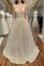 Champagne Sequins Long A-Line Prom Dress, Shiny V-Neck Spaghetti Straps Party Dress