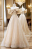 Champagne Sequins Off the Shoulder Bow Prom Dress