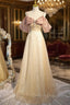 Champagne Sequins Straps Bow Prom Dress