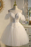 Champagne Spaghetti Straps Lace Short Prom Dress, A-Line Party Dress