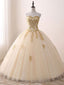 Champagne Sweetheart Neck Tulle Long Prom Gown, Champagne Sweet 16 Dress