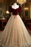 Champagne Tulle and Velvet Long Party Dress, Short Sleeves Prom Dress