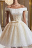 Champagne Tulle Appliques Off the Shoulder Homecoming Dress