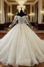 Champagne Tulle Appliques Off the Shoulder Long Sleeve Wedding Dress