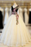 Champagne Tulle Black Velvet V-neck Appliques Quinceanera Dress