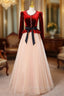 Champagne Tulle Burgundy Velvet Long Sleeve Prom Dress