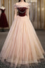 Champagne Tulle Burgundy Velvet Off the Shoulder Prom Dress