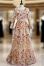 Champagne Tulle Embroidery Long Sleeve Prom Dress