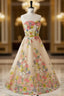 Champagne Tulle Embroidery Strapless Tea Length Prom Dress