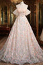 Champagne Tulle Flowers Sequins Off the Shoulder Prom Dress