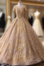 Champagne Tulle Gold Lace Appliques Beaded Sequins Wedding Dress