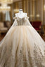 Champagne Tulle Gold Sequins Appliques Spaghetti Straps Pearls Prom Dress