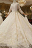Champagne Tulle Lace Appliques High Neck Long Sleeve Beading Luxury Wedding Dress