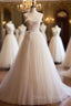 Champagne Tulle Lace Long Prom Dress, A-Line Spaghetti Straps Backless Evening Dress