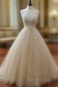 Champagne Tulle Lace Long Prom Dress, Lace Wedding Dress
