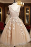 Champagne Tulle Lace Short Prom Dress, Cute Homecoming Dress