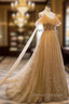 Champagne Tulle Lace V-neckline Beaded Unique Floor Length Party Dress, New Prom Dress Evening Dress