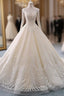 Champagne Tulle Lace With Beading Backless Wedding Dress