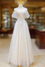 Champagne Tulle Long Prom Dress with Lace, Off the Shoulder Evening Dress