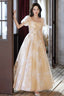 Champagne Tulle Long Prom Dresses, Champagne Short Sleeve Evening Dresses