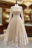 Champagne Tulle Long Sleeve Backless Appliques Prom Dress