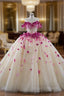 Champagne Tulle Off the Shoulder 3D Flower Beading Prom Dress