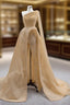 Champagne Tulle One Shoulder Pearls Prom Dress