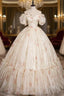 Champagne Tulle Print Off the Shoulder Beading Quinceanera Dress