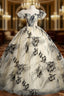 Champagne Tulle Print Off the Shoulder Quinceanera Dress
