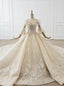 Champagne Tulle Sequins Appliques Beading Feather Puff Sleeve Wedding Dress