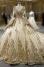 Champagne Tulle Sequins Appliques Long Sleeve Prom Dress