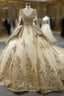 Champagne Tulle Sequins Appliques Long Sleeve Prom Dress