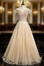 Champagne Tulle Sequins Beading Prom Dress