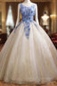 Champagne Tulle Sequins Blue Appliques Quinceanera Dress