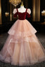 Champagne Tulle Sequins Burgundy Velvet Short Sleeve Prom Dress